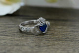 1ct Heart Blue Sapphire Engagement Ring Diamond Claddagh 14k White Gold Finish