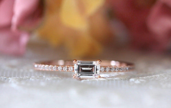 Solitaire Stackable Engagement Ring 1ct Emerald Cut Diamond 14k Rose Gold Finish