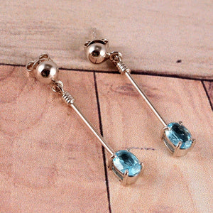 2ct Oval Cut Blue Aquamarine Hanging Rod Dangle Earrings 14k White Gold Finish