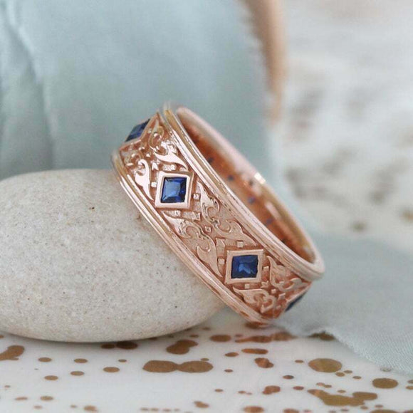 2ct Princess Cut Blue Sapphire Wedding Band Vintage Filigree 14k Rose Gold Over