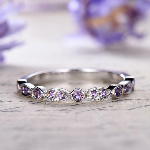 1.1ct Round Cut Purple Amethyst Wedding Band Half Eternity 14k White Gold Finish