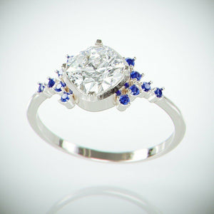 3Ct Cushion Cut Diamond Engagement Ring 14K White Gold Over Blue Sapphire Accent