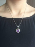 2.5ct Purple Amethyst Pendant Oval Cut Halo Cluster 14k White Gold Over NO CHAIN