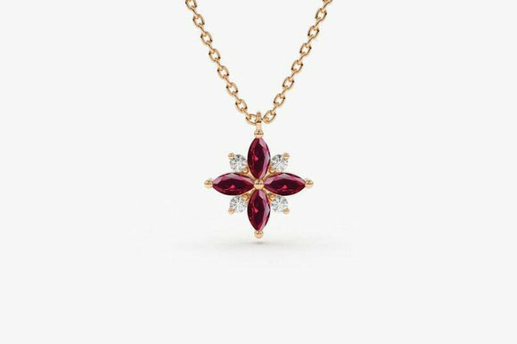 1.1ct Pink Ruby Pendant Chain Marquise Cut Cluster Design 14k Rose Gold Finish