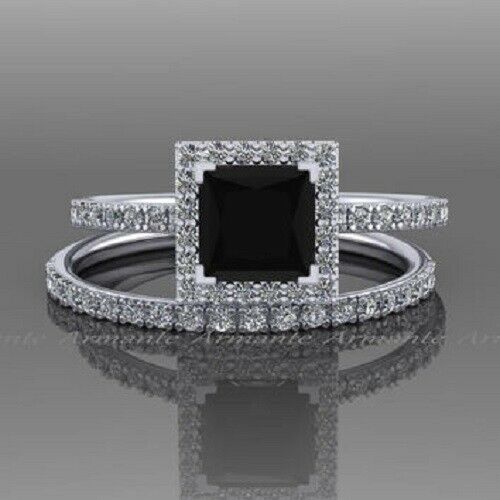 4Ct Princess Cut Black Diamond Bridal Set Engagement Ring 14K White Gold Finish