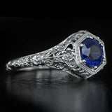 1Ct Round Cut Blue Sapphire Vintage Filigree Solitaire Ring 14K White Gold Over