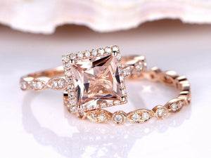 2ct Princess Peach Morganite Halo Bridal Set Engagement Ring 14k RoseGold Finish