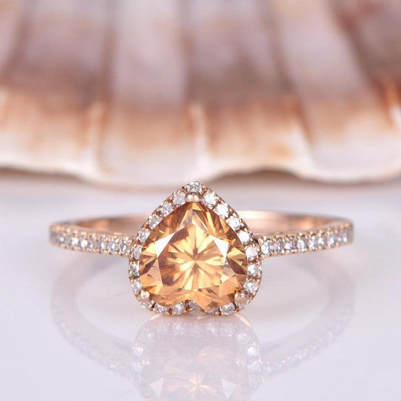 1ct Heart Cut Yellow Citrine Halo Solitaire Engagement Ring 14k Rose Gold Finish