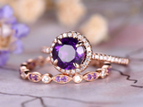 2ct Round Cut Purple Amethyst Engagement Ring Bridal Set Halo 14k Rose Gold Over