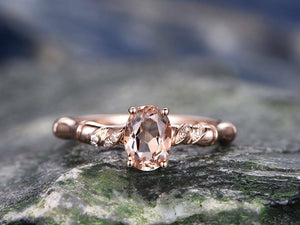 1.1Ct Oval Cut Peach Morganite Bamboo Design Engagement Ring 14K Rose Gold Over