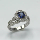 2.3ct Cushion Cut Blue Sapphire Engagement Ring Bridal Set 14k White Gold Finish