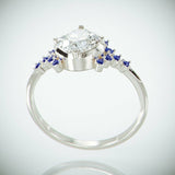 3Ct Cushion Cut Diamond Engagement Ring 14K White Gold Over Blue Sapphire Accent