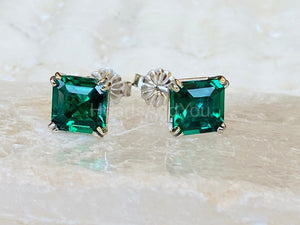 2ct Asscher Simulated Emerald Dual Prong Stud Earrings 14k White Gold Plated