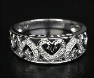 2Ct Round Cut DVVS1 Diamond Heart Design Wide Wedding Band 14K White Gold Finish