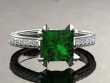 1.5ct Princess Emerald Dual Prong Solitaire with Accent Ring 14k White Gold Over