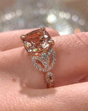 3Ct Cushion Cut Peach Morganite Leaf Accent Engagement Ring 14K Rose Gold Finish