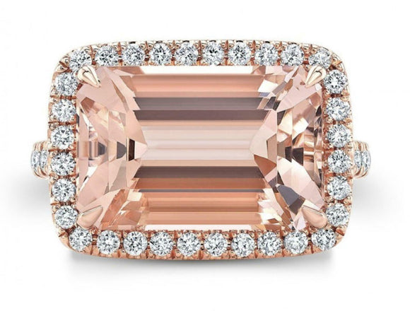 3.5ct Emerald Cut Peach Morganite Engagement Ring 14k RoseGold Over Diamond Halo