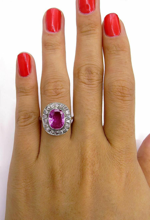 4Ct Oval Cut Pink Sapphire Diamond Halo Vintage Women Ring 14K White Gold Finish