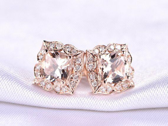 1ct Cushion Cut Morganite Vintage Stud Earrings Women Girls 14k Rose Gold Finish