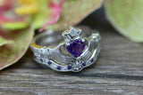 2ct Heart Purple Amethyst Engagement Ring Claddagh Bridal Set 14k WhiteGold Over