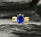 1.6ct Engagement Ring Oval Cut Blue Sapphire Split Shank 14k Yellow Gold Finish