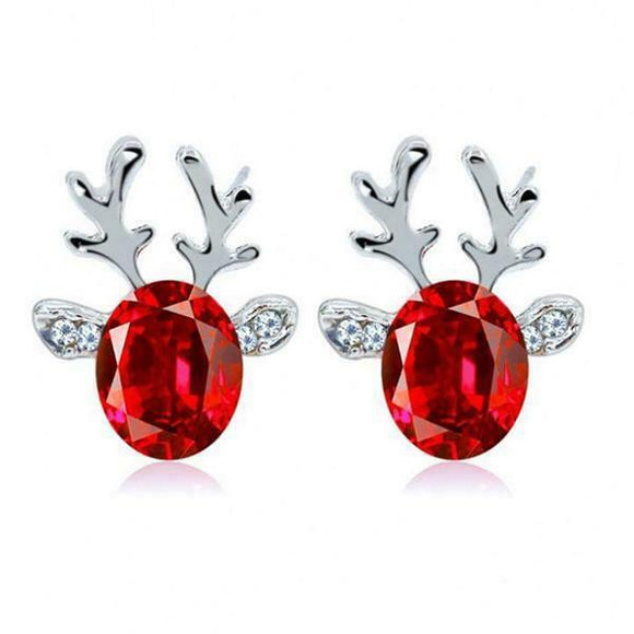 2Ct Oval Cut Red Garnet Diamond Deer Antler Stud Earrings 14K White Gold Finish