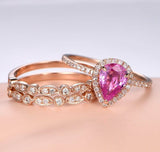 2.5ct Pear Cut Pink Sapphire Halo Trio Set Engagement Ring 14k Rose Gold Finish