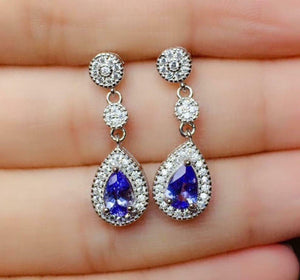 2.8ct Drop Earrings Pear Cut Blue Tanzanite Tear Drop Halo 14k White Gold Finish