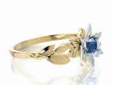 1ct Round Cut Blue Sapphire Floral Leaves Solitaire Ring 14k Dual Gold Finish