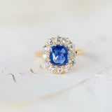 2.3ct Cushion Cut Blue Sapphire Engagement Ring Diamond Halo 14k YellowGold Over