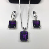 3ct Emerald Cut Purple Amethyst Drop Earring Pendant Set 14k White Gold Finish