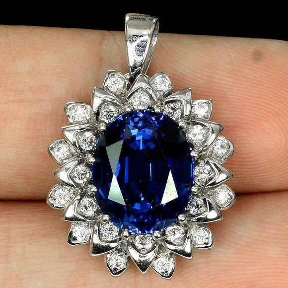 2Ct Round Cut Blue Sapphire Diamond Halo Pendant 14K White Gold Finish NO CHAIN