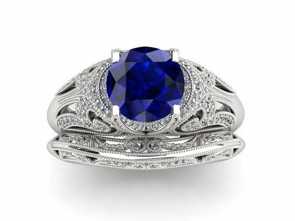 4ct Round Sapphire Vintage Inspired Filigree Bridal Set Ring 14k White Gold Over