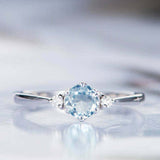 1ct Round Cut Blue Aquamarine Engagement Ring Three Stone 14k White Gold Finish