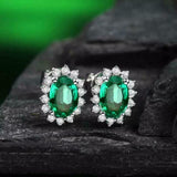 2ct Oval Cut Green Emerald Floral Halo Stud Women Earrings 14k White Gold Finish