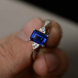 0.9ct Emerald Cut Blue Sapphire Engagement Ring 14k White Gold Finish Solitaire