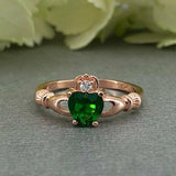 1ct Heart Cut Green Emerald Claddagh Design Engagement Ring 14k Rose Gold Finish