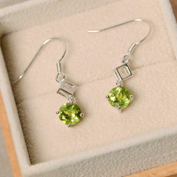 1ct Drop Earrings Round Cut Green Peridot Stylish Fish Hook 14k WhiteGold Finish