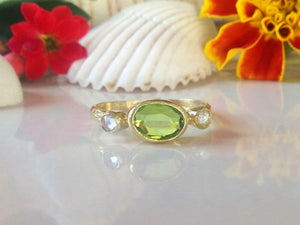 1.3ct Oval Cut Green Peridot Diamond Accent Trilogy Ring 14k Yellow Gold Finish