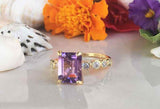 2ct Emerald Cut Purple Amethyst Round Diamond Accent Ring 14k Yellow Gold Finish