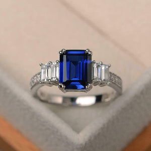 2.2ct Emerald Cut Blue Sapphire Engagement Ring Five Stone 14k White Gold Finish