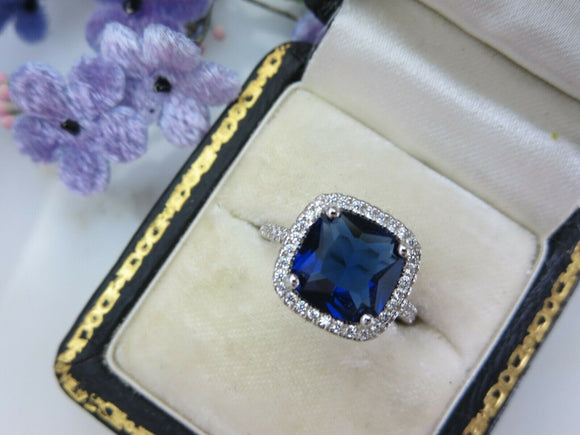 1.7ct Cushion Cut Blue Sapphire Diamond Accents Halo Ring 14k White Gold Finish