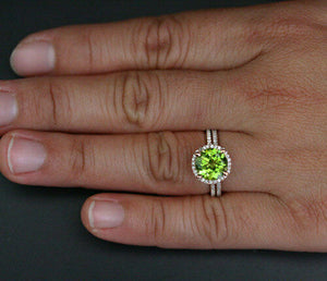 3Ct Round Cut Green Peridot Diamond Bridal Set Ring Band 14K White Gold Finish