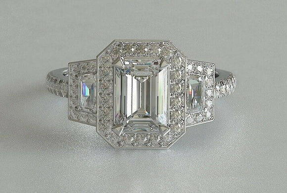 3ct Emerald Cut VVS1D Diamond Engagement Ring Halo Trilogy 14k White Gold Finish