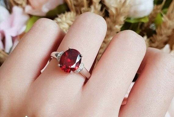 2.5ct Oval Cut Red Garnet Engagement Ring 14k WhiteGold Finish Solitaire Promise