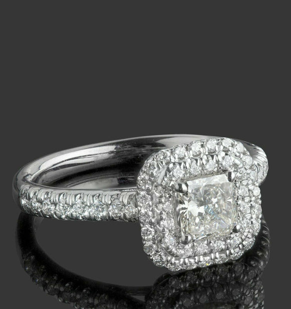 1.7ct Radiant Cut Diamond Halo Solitaire with Accents Ring 14k White Gold Finish