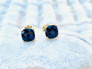 1ct Stud Earrings Cushion Cut Blue Sapphire Solitaire Women 14k Yellow Gold Over