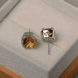 2ct Cushion Cut Yellow Citrine Diamond Halo Stud Earrings 14k White Gold Finish