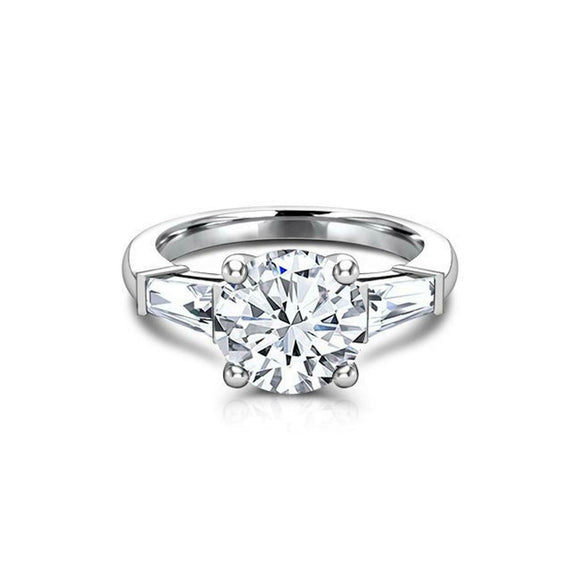 Tapered Baguette Accents Trilogy Ring 2ct Round Cut Diamond 14k WhiteGold Finish