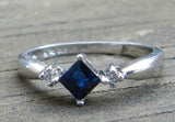 1ct Engagement Ring Princess Cut Blue Sapphire Three Stone 14k White Gold Finish